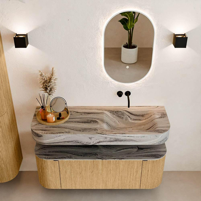 MONDIAZ THOR-DLUX 130cm badmeubel ronding links + rechts kleur Oak met 1 lade en 2 deuren. Vrijhangende wastafel CLOUD Rechts zonder kraangat kleur Sombra.