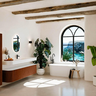 MONDIAZ THOR 200cm meuble de salle de bains arrondi gauche + droite couleur Ruby avec 2 tiroirs et 2 portes. Vasque suspendue CLOUD Milieu 1 trou de robinet couleur Talc.