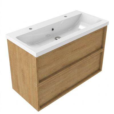 Saniclass Holz Frame Ensemble de meubles de salle de bains - 100x45x63.5cm - Lavabo Bari en céramique blanc - 1 vasque - 2 trous de robinet - 2 tiroirs - chêne natural mat (bois)