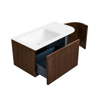 MONDIAZ KURVE Meuble de salle de bains 85 cm avec module 25 R couleur Walnut avec 1 tiroir et 1 porte. Lavabo CLOUD gauche sans trou de robinet Talc.