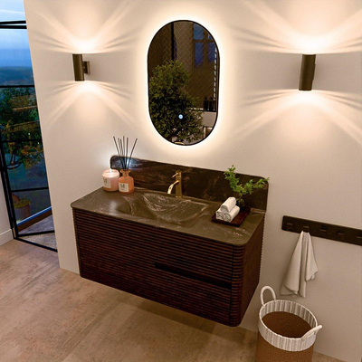 Mondiaz CIRO-DLUX Badkamermeubelset - 110x45x50cm - Solid surface wastafel Lava - 1 wasbak Midden - 1 kraangat - 2 lades - Walnut