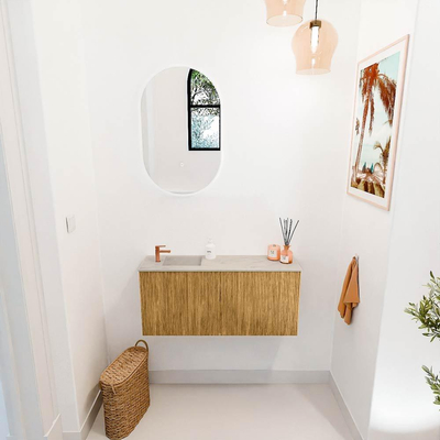 Mondiaz JOYA-DLUX 90cm toiletmeubel - kleur Oak - Wastafel FAYE positie Links 1 kraangat kleur Opalo.