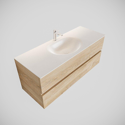 ENSEMBLE DE MEUBLE MONDIAZ VICA - 120cm - 2 tiroirs - lavabo Moon central - 1 trou de robinet - solid surface chêne blanchi