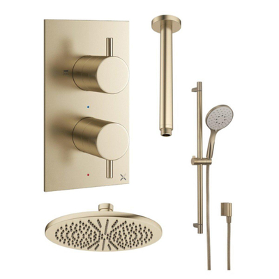 Crosswater MPRO Inbouwdoucheset - 30cm hoofddouche - plafondarm - glijstangset - ronde handdouche - geborsteld messing (goud)