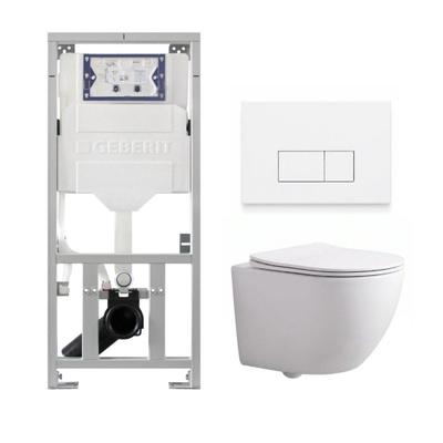 Pack WC QeramiQ Dely Swirl Compact - réservoir encastrable Geberit UP320 - avec bâti-support Burda - abattant 25 mm - plaque de commande en métal blanc mat - boutons rectangulaires - blanc brillant