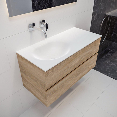 MONDIAZ VICA Ensemble de meuble salle de bain - 100cm - 2 tiroirs - lavabo Moon gauche - 0 trous de robinet - solid surface chêne blanchi