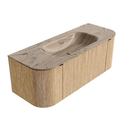 MONDIAZ KURVE-DLUX Meuble de salle de bains 120 cm arrondi Gauche + Droite couleur Chêne avec 1 tiroir et 2 portes. Vasque BIG SMALL Milieu 1 trou de robinet Arena.