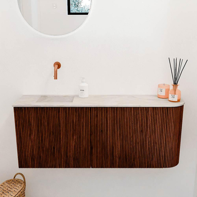 Mondiaz JOYA-DLUX 101.6cm toiletmeubel - ronding rechts kleur Ruby - Wastafel FAYE positie Links Zonder kraangat kleur Ostra.