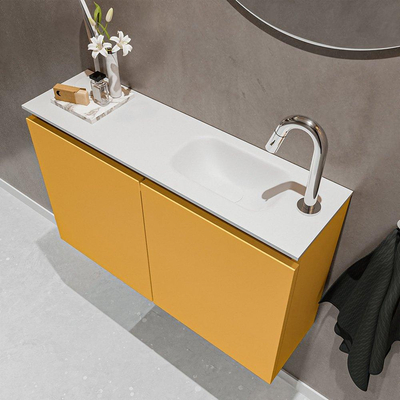 MONDIAZ TURE Toiletmeubel 80x23x50cm met 1 kraangaten 2 deuren ocher mat Wastafel Eden rechts Solid Surface Wit