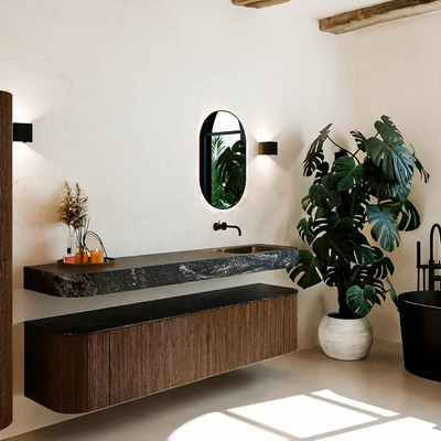 MONDIAZ THOR-DLUX Meuble de salle de bains 190cm arrondi gauche + droite couleur Walnut avec 2 tiroirs et 2 portes. Vasque suspendue CLOUD Droite sans trou de robinet couleur Lava.