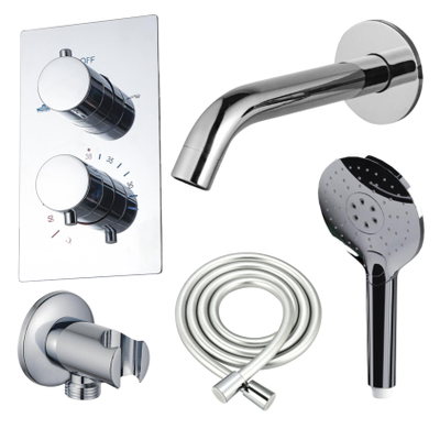 FugaFlow Eccelente Acces Badkraan set - uitloop - 22cm inkortbaar - gladde slang - ronde handdouche - inbouwdeel - wandhouder - chroom