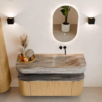 MONDIAZ THOR-DLUX 130cm badmeubel ronding links + rechts kleur Oak met 1 lade en 2 deuren. Vrijhangende wastafel CLOUD Rechts zonder kraangat kleur Oza.