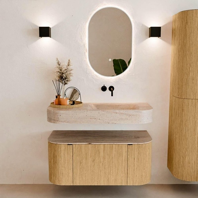 MONDIAZ THOR-DLUX 100cm badmeubel ronding links + rechts kleur Oak met 1 lade en 2 deuren. Vrijhangende wastafel CLOUD Rechts zonder kraangat kleur Saba.