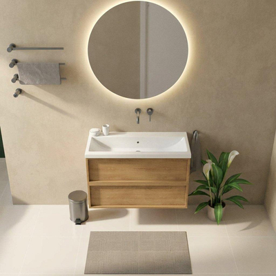 Saniclass Holz Frame Badkamermeubelset - 100x45x63.5cm - Bari keramische wastafel wit - 1 wasbak - zonder kraangat - 2 lades - mat eiken natural (hout)