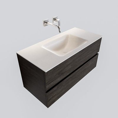 MONDIAZ VICA Ensemble de meuble salle de bain - 100cm - 2 tiroirs - lavabo Cloud au centre - 0 trou de robinet - solid surface marron foncé