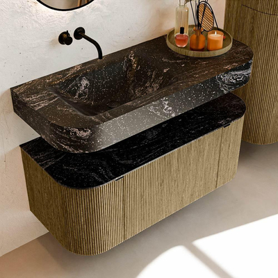 MONDIAZ THOR-DLUX Meuble de salle de bains 110cm arrondi gauche + droite couleur Dusk avec 1 tiroir et 2 portes. Vasque suspendue CLOUD Gauche sans trou de robinet couleur Lava.