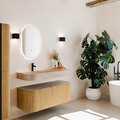 MONDIAZ THOR-DLUX 120cm badmeubel ronding links + rechts kleur Oak met 1 lade en 2 deuren. Vrijhangende wastafel CLOUD Links 1 kraangat kleur Saba.