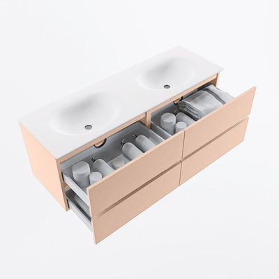 Mondiaz VICA Ensemble de meuble de salle de bain - 140cm - meuble sous vasque rosee - 4 tiroirs - lavabo moon double - 2 trous de robinet - version haute de 60cm - talc