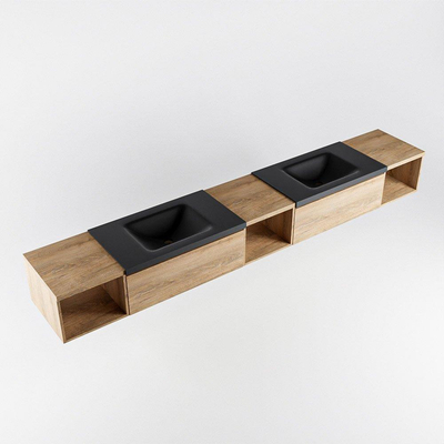 MONDIAZ BUKLA 280cm ensemble de meuble avec module ouvert 40 L+M+R couleur Chêne blanchi avec 2 tiroirs. Lavabo CLOUD double 2 trous de robinet couleur Urbaine.