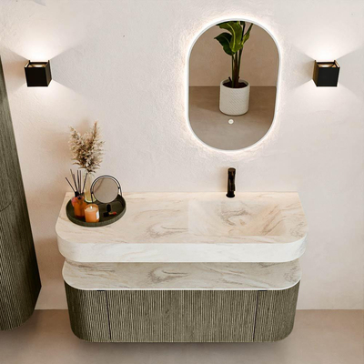 MONDIAZ THOR-DLUX 130cm meuble de salle de bains arrondi gauche + droite couleur Shadow avec 1 tiroir et 2 portes. Vasque suspendue CLOUD Droite 1 trou de robinet couleur Ostra.