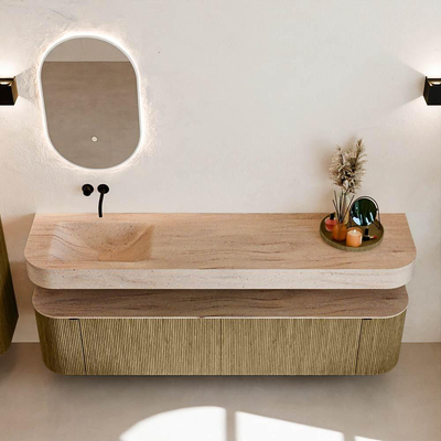 MONDIAZ THOR-DLUX 190cm meuble de salle de bains arrondi gauche + droite couleur Dusk avec 2 tiroirs et 2 portes. Vasque suspendue CLOUD Gauche sans trou de robinet couleur Saba.