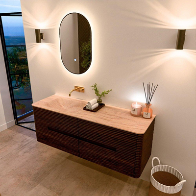 Mondiaz CIRO-DLUX Ensemble de meubles de salle de bains - 140x45x50cm - lavabo Solid surface Saba - 1 vasque à gauche - sans trous de robinet - 4 tiroirs - Noyer