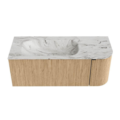 MONDIAZ KURVE-DLUX Meuble de salle de bains 115cm avec module 25 R couleur Chêne avec 1 tiroir et 1 porte. Lavabo BIG SMALL gauche sans trou de robinet couleur Glace.