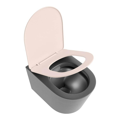 Mondiaz LAVIE hangtoilet – spoelrandloos – 36 x 53 cm – met softclose zitting – Dark grey (grijs), zitting Rosee (roze)
