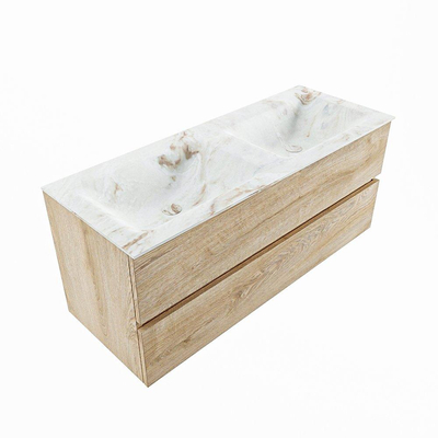 MONDIAZ VICA-DLUX Ensemble meuble de salle de bains - 120cm - meuble bas Washed Oak - 2 tiroirs - lavabo encastré Cloud double - 2 trous de robinet - version hauteur 60cm - Frappe