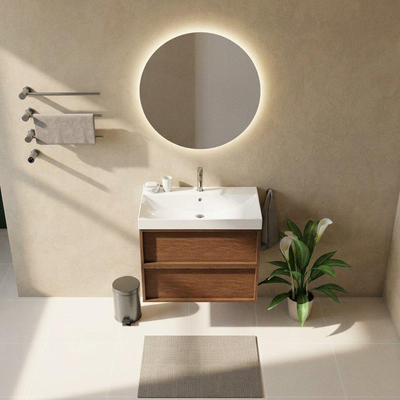 Saniclass Holz Frame Ensemble de meubles de salle de bains - 80x45x67.5cm - lavabo Wave en céramique - 1 vasque - 1 trou de robinetterie - 2 tiroirs - mat noyer pur (bois)