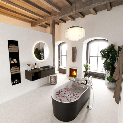 MONDIAZ BUKLA 120cm ensemble de meuble avec module ouvert 40 couleur Marron Foncé avec 1 tiroir. Lavabo CLOUD à droite 0 trous de robinet couleur Urban.