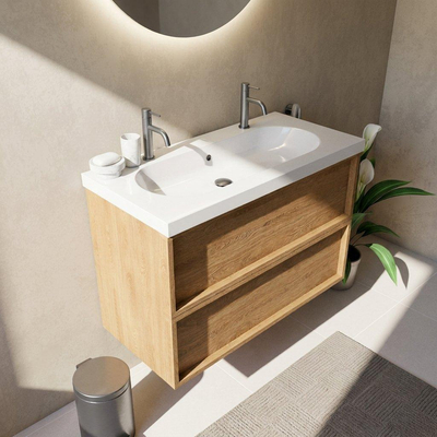 Saniclass Holz Frame Ensemble meuble de salle de bains - 100x45x63.5cm - lavabo en céramique Palermo blanc - 1 vasque - 2 trous de robinetterie - 2 tiroirs - chêne natural mat (bois)