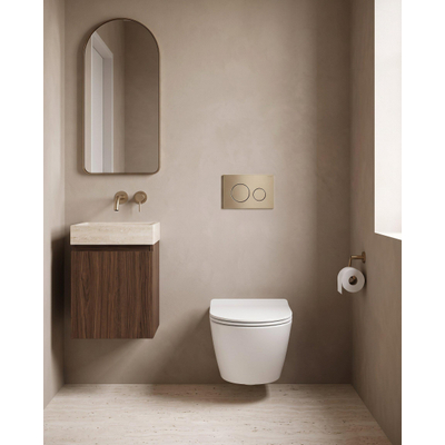 QeramiQ Dely Toiletset - 36.3x51.7cm - Geberit UP720 inbouwreservoir - rimless - diepspoel - 35mm zitting - softclose - bedieningsplaat geborsteld messing - ronde knoppen - glans wit