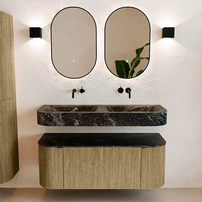 MONDIAZ THOR-DLUX 120cm meuble de salle de bains arrondi gauche + droite couleur Dusk avec 1 tiroir et 2 portes. Vasque suspendue CLOUD Double sans trou de robinet couleur Lava.