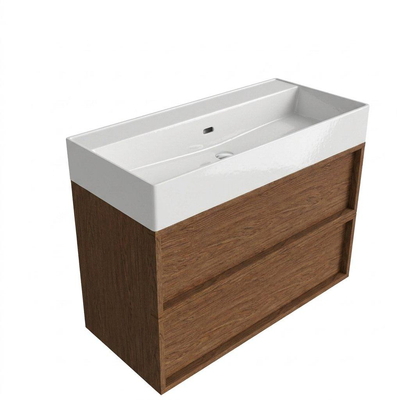 Saniclass Holz Frame Ensemble de meubles de salle de bains - 100x45x72cm - Legend lavabo en céramique blanc - 1 vasque - 2 trous de robinetterie - 2 tiroirs - walnut pure mat (bois)