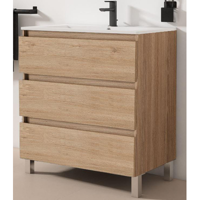 Saniclass Chaci PLUS Badkameronderkast - 80x86x46cm - 3 lades - Geintegreerde greep - MFC - eiken INCL. keramische wastafel zwart - Kraan en afvoerplug zwart. SHOWROOMMODEL