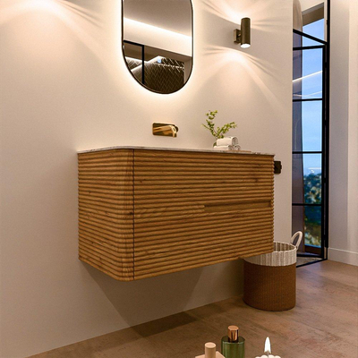 Mondiaz CIRO-DLUX Meuble de salle de bains - 90x45x50cm - lavabo solid surface Glace - 1 vasque centrale - sans trous de robinetterie - 2 tiroirs - chêne