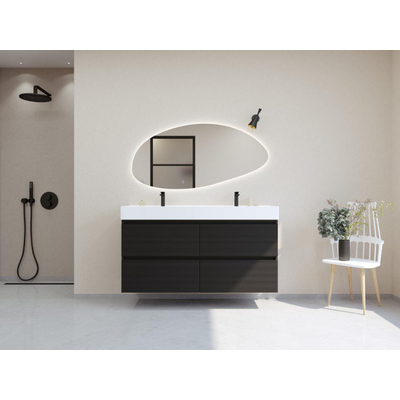 HR badmeubelen Infinity XXL 3D Ensemble meuble de salle de bains - 140 cm - 2 lavabos en céramique kube blanc - 2 trous de robinet - 4 tiroirs - noir mat