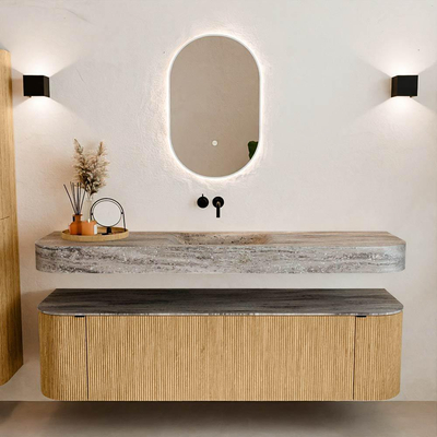 MONDIAZ THOR-DLUX 170cm badmeubel ronding links + rechts kleur Oak met 1 lade en 2 deuren. Vrijhangende wastafel CLOUD Midden zonder kraangat kleur Oza.