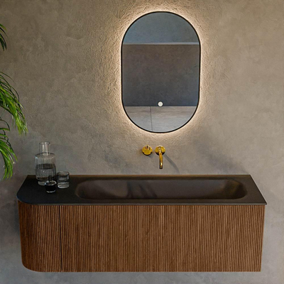 MONDIAZ KURVE 135cm Meuble salle de bain avec module 25 G - couleur Walnut - 1 tiroir - 1 porte - vasque BIG MEDIUM droite - sans trous de robinet - Urban