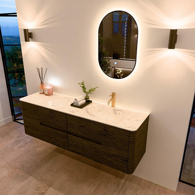 Mondiaz CIRO-DLUX Meuble de salle de bains - 160x45x50cm - Plan vasque solid surface Ostra - 1 vasque à droite - 1 trou de robinetterie - 4 tiroirs - Shadow