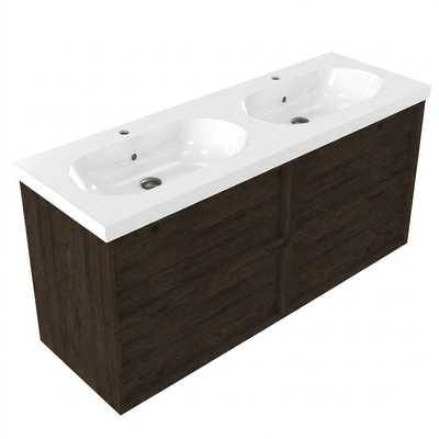 Saniclass Holz Frame Ensemble meuble de salle de bains - 140x45x63.5cm - lavabo Palermo en céramique blanc - 2 vasques - 2 trous de robinetterie - 4 tiroirs - chêne charcoal mat (bois)