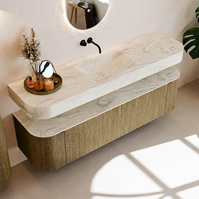 MONDIAZ THOR-DLUX Meuble de salle de bains - 170cm - arrondi gauche + droite - couleur Dusk - 1 tiroir - 2 portes - Vasque suspendue CLOUD Milieu sans trou de robinet - couleur Ostra