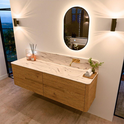 Mondiaz CIRO-DLUX Badkamermeubelset - 170x45x50cm - Solid surface wastafel Nata - 1 wasbak Rechts - zonder kraangaten - 4 lades - Oak