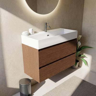 Saniclass Holz Pure Ensemble meuble de salle de bains - 100x45x72cm - Legend lavabo en céramique blanc - 1 vasque - 1 trou de robinetterie - 2 tiroirs - noyer pure mat (bois)