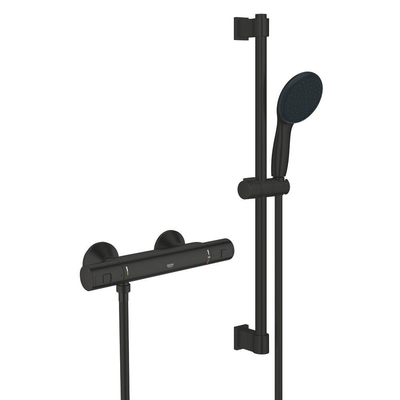 GROHE Precision Start Ensemble de douche - mitigeur thermostatique - avec ensemble de douche - 60cm - douchette ronde - 1 type de jet - flexible de douche lisse - noir mat