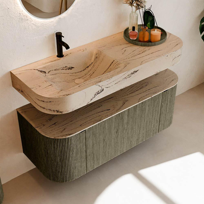 MONDIAZ THOR-DLUX 120cm meuble de salle de bains arrondi gauche + droite couleur Shadow avec 1 tiroir et 2 portes. Vasque suspendue CLOUD Gauche 1 trou de robinet couleur Arena.