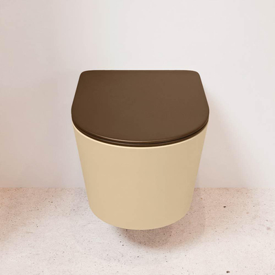 Mondiaz LAVIE hangtoilet – spoelrandloos – 36 x 53 cm – met softclose zitting – Sand (beige), zitting Rust (bruin)