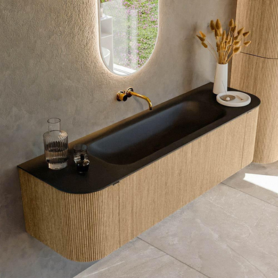 MONDIAZ KURVE 160cm badmeubel met module 25 Len R kleur Oak met 1 lade en 2 deuren. Wastafel BIG MEDIUM midden zonder kraangat Urban.
