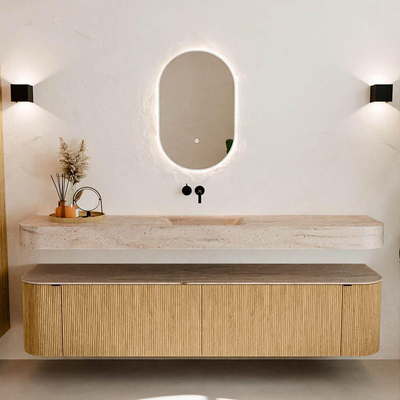 MONDIAZ THOR-DLUX 200cm meuble de salle de bains arrondi gauche + droite couleur Oak avec 2 tiroirs et 2 portes. Vasque suspendue CLOUD Milieu sans trou de robinet couleur Saba.